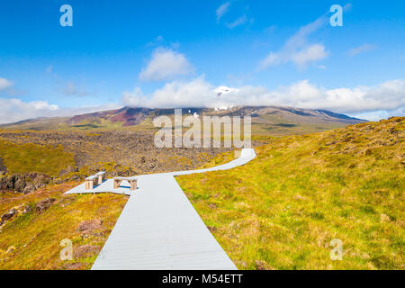 Snaefellsjokull volcan with sun in west iceland Stock Photo