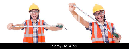 Funny construction worker with tape-line isolated on white Stock Photo
