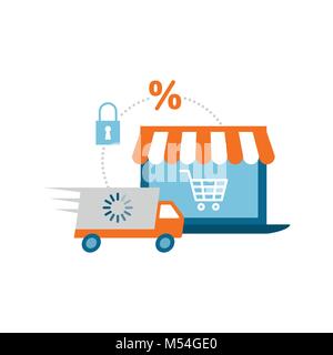 Laptop with e-shop and truck: online shopping, logistics and e-commerce concept Stock Vector