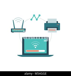 Laptop connecting with router and printer: wireless connection and peripheral devices concept Stock Vector