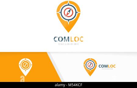 Vector compass and map pointer logo combination. Navigation and gps locator symbol or icon. Unique travel and pin logotype design template. Stock Vector