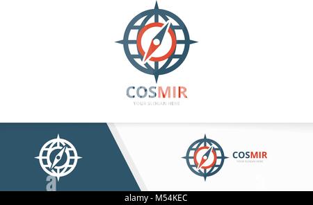 Vector compass and planet logo combination. Navigation and world symbol or icon. Unique travel and globe logotype design template. Stock Vector