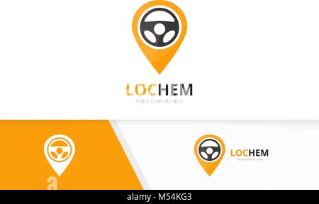 Vector car helm and map pointer logo combination. Steering wheel and gps locator symbol or icon. Unique rudder and pin logotype design template. Stock Vector
