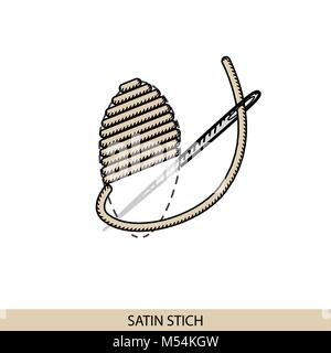 Stitches satin stitch type vector. Collection of thread hand embroidery and sewing stitches. Vector illsutration of stitching examples Stock Vector