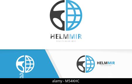 Vector car helm and planet logo combination. Steering wheel and world symbol or icon. Unique rudder and globe logotype design template. Stock Vector