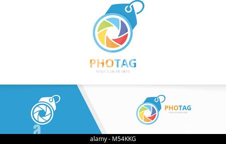 Vector camera shutter and tag logo combination. Lens and shop symbol or icon. Unique photo and label logotype design template. Stock Vector
