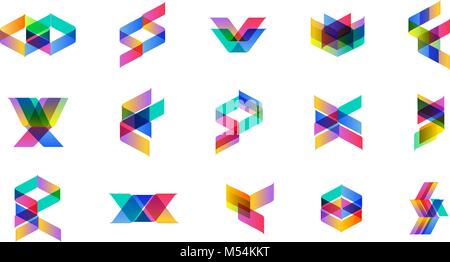 Set of minimal geometric multicolor shapes. Trendy hipster icons and logotypes. Business signs symbols, labels, badges, frames and borders Stock Vector
