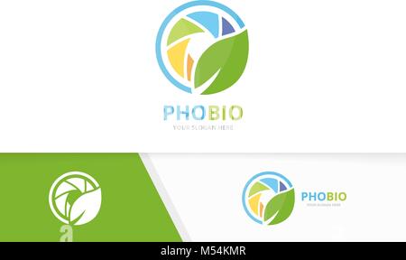 Vector camera shutter and leaf logo combination. Lens and eco symbol or icon. Unique photo and organic logotype design template. Stock Vector