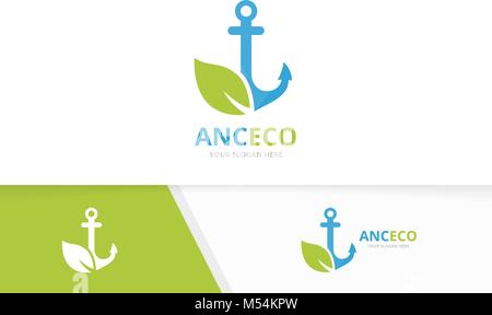 Vector anchor and leaf logo combination. Marine and eco symbol or icon. Unique navy and organic logotype design template. Stock Vector