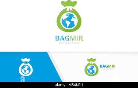 Vector bag and planet logo combination. Sack and world symbol or icon. Unique money and globe logotype design template. Stock Vector