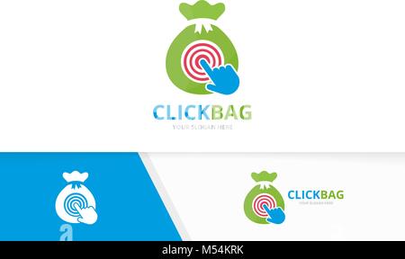 Vector bag and click logo combination. Sack and cursor symbol or icon. Unique money and digital logotype design template. Stock Vector