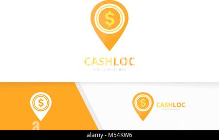 Vector coin and map pointer logo combination. Money and gps locator symbol or icon. Unique cash and pin logotype design template. Stock Vector