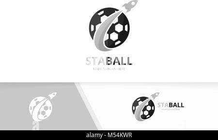 Vector soccer and rocket logo combination. Ball and airplane symbol or icon. Unique football and flight logotype design template. Stock Vector