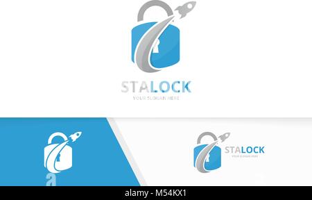 Vector lock and rocket logo combination. Safe and airplane symbol or icon. Unique padlock and flight logotype design template. Stock Vector