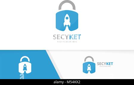 Vector lock and rocket logo combination. Safe and airplane symbol or icon. Unique padlock and flight logotype design template. Stock Vector
