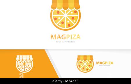 Vector pizza and shop logo combination. Food and sale symbol or icon. Unique pizzeria and market logotype design template. Stock Vector