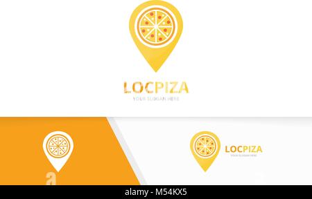 Vector pizza and map pointer logo combination. Food and gps locator symbol or icon. Unique pizzeria and pin logotype design template. Stock Vector