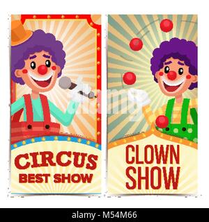 Circus Clown Vertical Banners Template Vector. Amazing Show Poster Template. Amusement Park Party. Carnival Festival Background Stock Vector