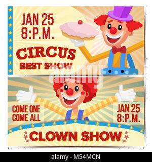 Circus Clown Horizontal Banners Template Vector. Great Circus Show Concept. Amusement Park Party. Carnival Festival Background Stock Vector