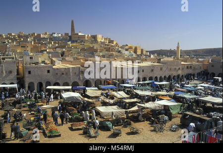 Algeria. Ghardaia. M'zab Valley. Sahara desert. Oasis. Panoramic view of market. UNESCO Wolrd Heritage Site. Stock Photo