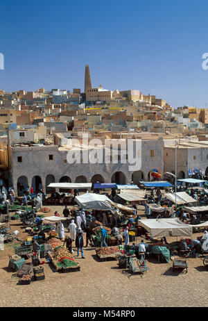 Algeria. Ghardaia. M'zab Valley. Sahara desert. Oasis. Panoramic view of market. UNESCO Wolrd Heritage Site. Stock Photo