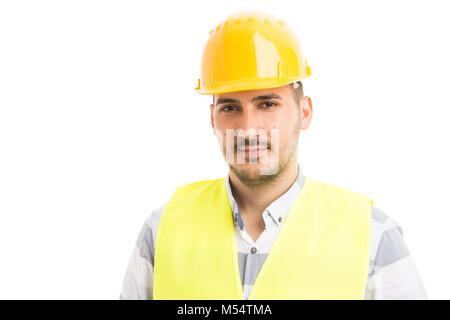 Portrait of a young handsome and confident repairman or builder isolated on white background with copyspace Stock Photo