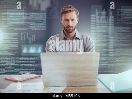 Businessman working on laptop with screen text interface Stock Photo