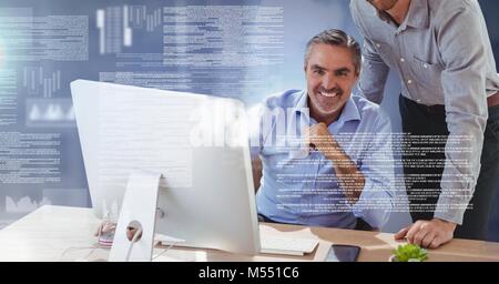 Businessmen working on laptop with screen text interface Stock Photo