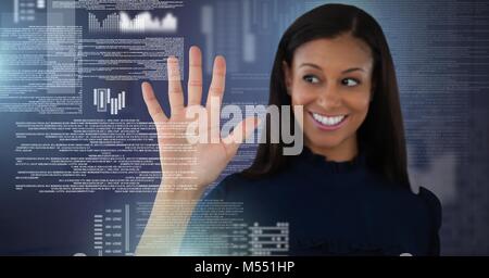 Businesswoman touching screen text interface Stock Photo