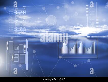 Interface overlay of connection statistics graphics with cloudy sky background Stock Photo