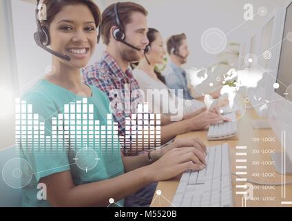 Business Overlay Interface with customer service people and computers Stock Photo