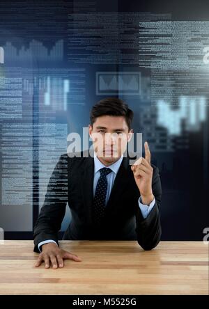 Businessman working on laptop with screen text interface Stock Photo