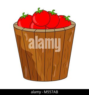 cartoon tomatoes basket, bucket isolated on white background Stock Vector