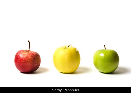 Three apples.  red, yellow and green apples isolated on white background with shadow and copy space Stock Photo