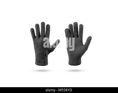 Blank black knitted winter gloves mock up set, front and back side view. Clear ski or snowboard mittens mockup, isolated on white. Warm hand clothes d Stock Photo