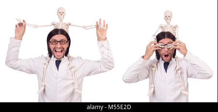 Funny teacher with skeleton isolated on white Stock Photo