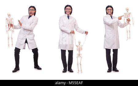 Funny teacher with skeleton isolated on white Stock Photo