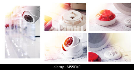 Fire Alarm system and video security equipment. Set of Photos Good for security service engineering company site or advertising Stock Photo