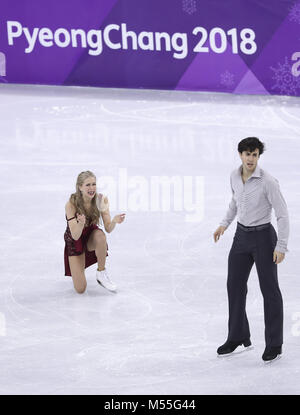 Pyeongchang, South Korea. 20th Feb, 2018. Kaitlyn Weaver (L) and Andrew Poje of Canada reacts after the ice dance free dance of figure skating at the 2018 PyeongChang Winter Olympic Games, in Gangneung Ice Arena, South Korea, on Feb. 20, 2018. Kaitlyn Weaver and Andrew Poje got the 7th place of ice dance event with 181.98 points in total. Credit: Han Yan/Xinhua/Alamy Live News Stock Photo