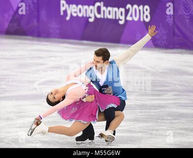 Pyeongchang, South Korea. 20th Feb, 2018. Yura Min (L) and Alexander Gamelin of South Korea compete during the ice dance free dance of figure skating at the 2018 PyeongChang Winter Olympic Games, in Gangneung Ice Arena, South Korea, on Feb. 20, 2018. Yura Min and Alexander Gamelin got the 18th place of ice dance event with 147.74 points in total. Credit: Wang Song/Xinhua/Alamy Live News Stock Photo