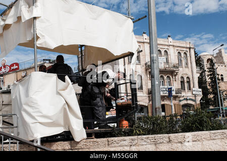 Jerusalem, Israel. 20th February, 2018. A watchtower type of structure is close to final stages of construction at the Damascus Gate, the main entrance into the Muslim Quarter of Jerusalem’s Old City. Following the eruption of violence in the area in 2017 and a long history of Palestinian stabbing attempts against security forces, the new structure will enable police to continuously monitor activity at the gate while minimizing friction and danger to the officers themselves. Credit: Nir Alon/Alamy Live News Stock Photo