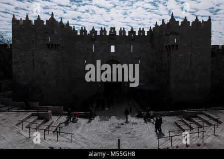 Jerusalem, Israel. 20th February, 2018. A watchtower type of structure is close to final stages of construction at the Damascus Gate, the main entrance into the Muslim Quarter of Jerusalem’s Old City. Following the eruption of violence in the area in 2017 and a long history of Palestinian stabbing attempts against security forces, the new structure will enable police to continuously monitor activity at the gate while minimizing friction and danger to the officers themselves. Credit: Nir Alon/Alamy Live News Stock Photo