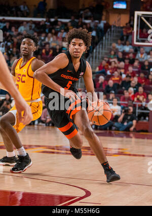 Los Angeles, CA, USA. 17th Feb, 2018. Oregon State guard (5) Ethan Thompson drives to the basket during the game between the Oregon State Beavers vs the USC Trojans at the Galen Center in Los Angeles, California. USC defeated Oregon State 72-59.(Mandatory Credit: Juan Lainez/MarinMedia/Cal Sport Media) Credit: csm/Alamy Live News Stock Photo
