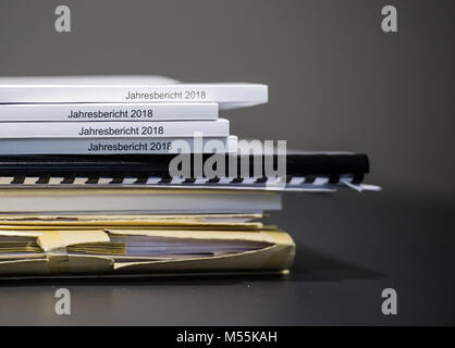 20 February 2018, Germany, Mainz: A pile of annual reports 2018 of the Court of Auditors Rhineland-Palatinate and other papers lie on a table during a press conference. The Court of Auditors Rhineland-Palatinate presented its annual report 2018. The developments of budget and the the state's total debt are focus points of the annual report. Photo: Andreas Arnold/dpa Stock Photo