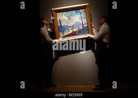 London, UK. 20th February, 2018. Employees pose with oil painting 'Londres : la Tamise au pont de Westminster' by artist AndrŽ Derain at Christie's auction house in London Tuesday February 20, 2018.  The artwork, estimated at £9million, will be sold at the Impressionist and Modern Art evening sale on February 27.   Credit: Luke MacGregor/Alamy Live News Stock Photo