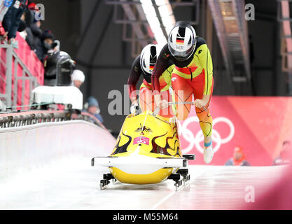 Pyeongchang, South Korea. 20th Feb, 2018. Germany's Anna Koehler and Erline Nolte start during women heat event of bobsleigh at the 2018 PyeongChang Winter Olympic Games at Olympic Sliding Centre, PyeongChang, South Korea, Feb. 20, 2018. Credit: Li Gang/Xinhua/Alamy Live News Stock Photo