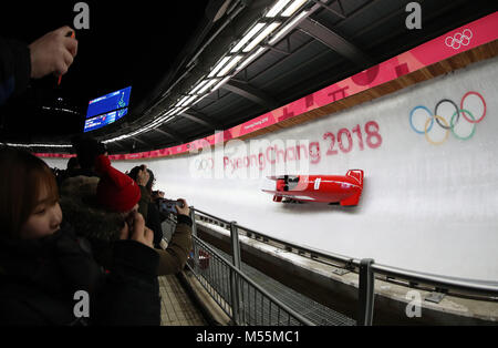 Pyeongchang, South Korea. 20th Feb, 2018. Austria's Katrin Beierl and Victoria Hahn compete during women heat event of bobsleigh at the 2018 PyeongChang Winter Olympic Games at Olympic Sliding Centre, PyeongChang, South Korea, Feb. 20, 2018. Credit: Li Gang/Xinhua/Alamy Live News Stock Photo