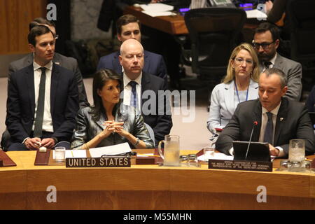 UN, New York, USA. 20th Feb, 2018. As UN Envoy Nickolay Mladenov briefed Security Council on Palestine, US Nikki Haley and Jared Kushner Looked On. Photo: Matthew Russell Lee / Inner City Press Credit: Matthew Russell Lee/Alamy Live News