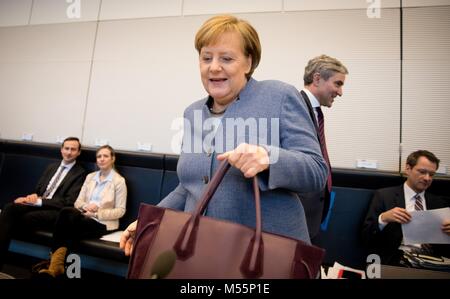 Berlin, Germany. 20th February, 2018. German Chancellor Angela Merkel of the Christian Democratic Union party (CDU) taking part in the meeting of the CDU/ Christian Social Union (CSU) faction meeting in the German Bundestag. Photo: Kay Nietfeld/dpa Credit: dpa picture alliance/Alamy Live News Stock Photo