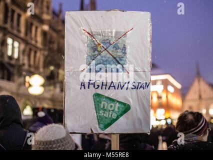 Munich, Bavaria, Germany. 20th Feb, 2018. (photo: Sachelle Babbar) Over 180 demonstrators battled sub-freezing temperatures, ice, and snow to march against the latest rounds of deportations of asylum-seekers to Afghanistan, this time out of Munich's International Airport. The march proceeded from Marienplatz and ended in front of the Innenministerium (Interior Ministry) of Bavaria. Credit: ZUMA Press, Inc./Alamy Live News Stock Photo